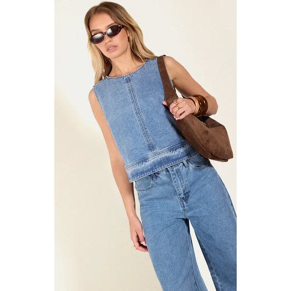 Mid Blue Wash Round Neck Sleeveless Boxy Denim Top