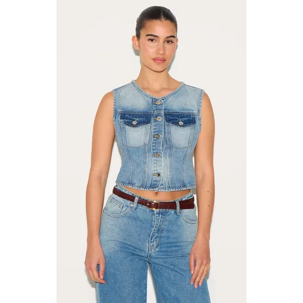 Mid Blue Wash Round Neck Sleeveless Denim Crop Top