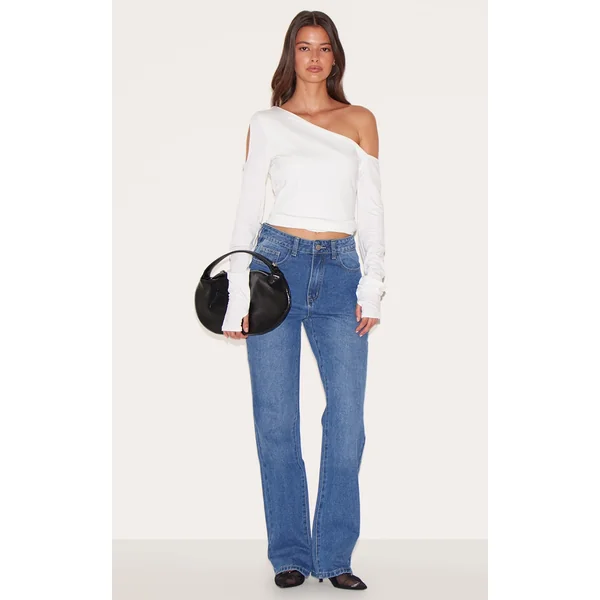 Mid Blue Wash Seam Detail Straight Leg Jeans