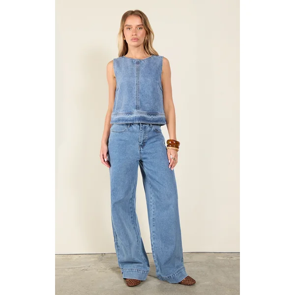 Mid Blue Wash Seam Detail Wide Leg Jeans