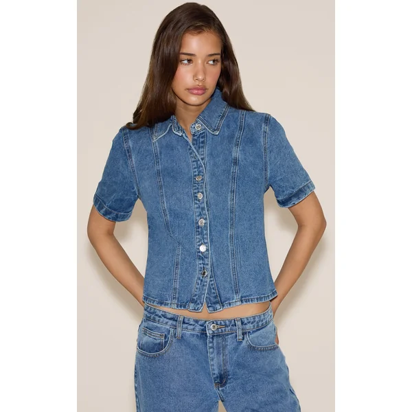 Mid Blue Wash Short Sleeve Fitted Denim Shirt