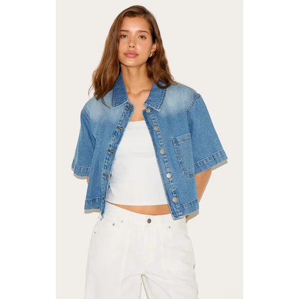 Mid Blue Wash Short Sleeve Pocket Detail Denim Shirt