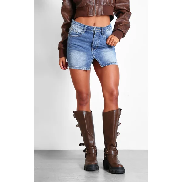 Mid Blue Wash Split Front Denim Mini Skirt