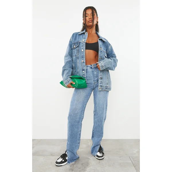 Mid Blue Wash Split Hem Straight Leg Jeans