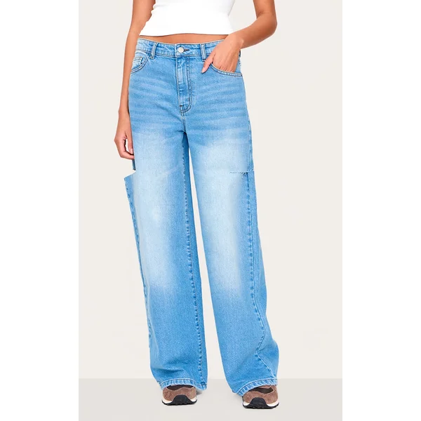 Mid Blue Wash Thigh Split Wide Leg Jeans