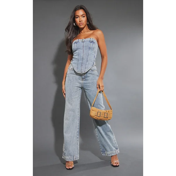 Mid Blue Wash Waistband Detail Hem Straight Leg Jeans