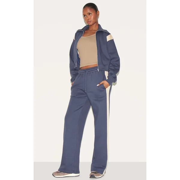 Midnight Blue Contrast Panel Detail Wide Leg Sweatpants