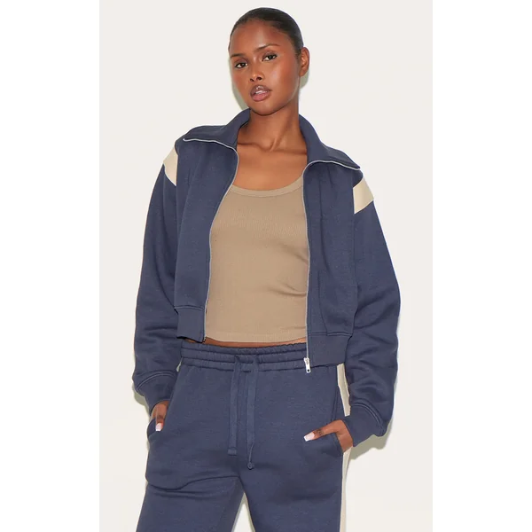 Midnight Blue Contrast Panel Zip Through Collared Sweatshirt