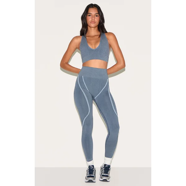 Midnight Blue Ribbed Seamless High Waisted Leggings
