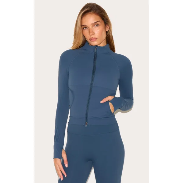 Midnight Blue Sculpt Pocket Front Double Zip Up Jacket