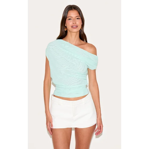 Mint Double Layer Mesh Ruched Detail Asymmetric