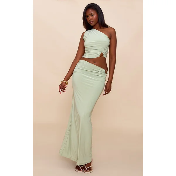 Mint Double Layer Slinky Trim Detail Maxi Skirt