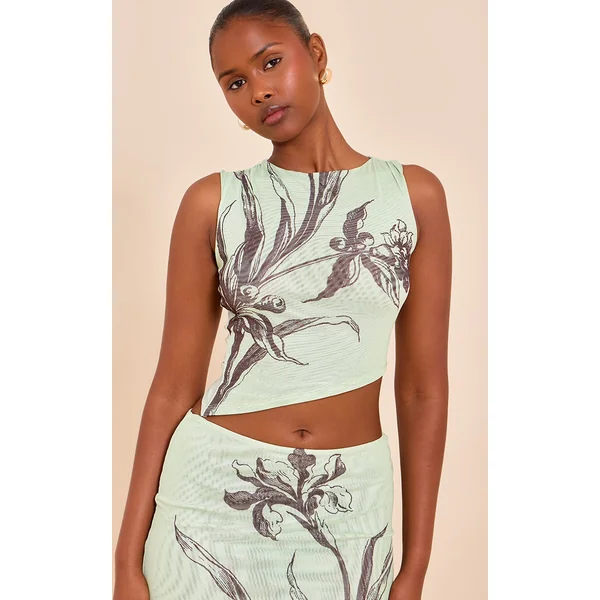 Mint Floral Printed Lined Mesh Crop Top