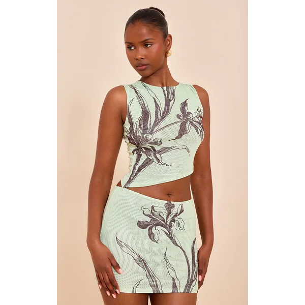 Mint Floral Printed Lined Mesh Mini Skirt