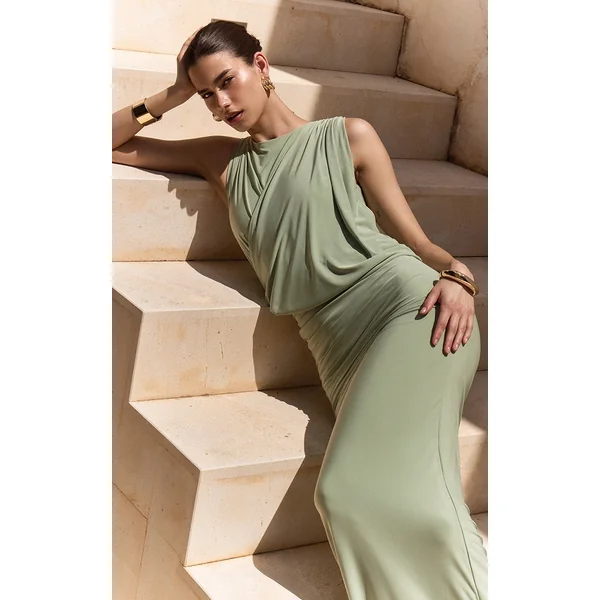 Mint Green Double Layer Slinky Drape Ruched Maxi Dress