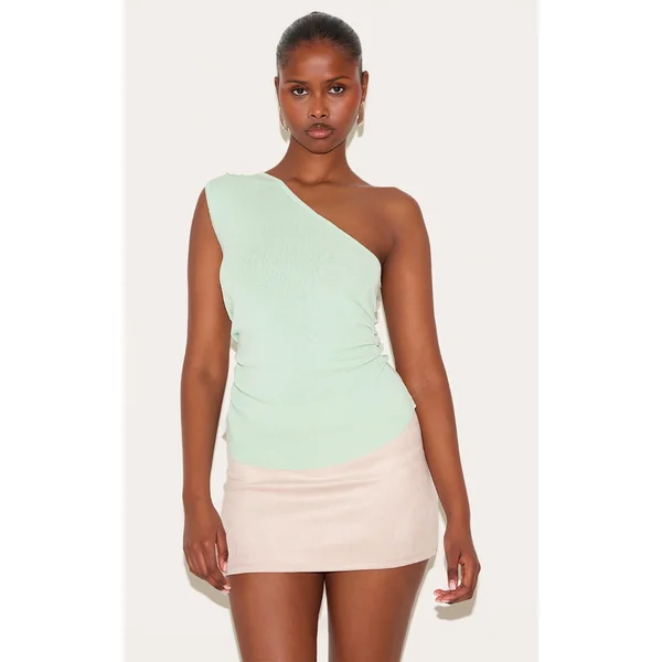 Mint Green Fine Knit One Shoulder Ruched Side Top