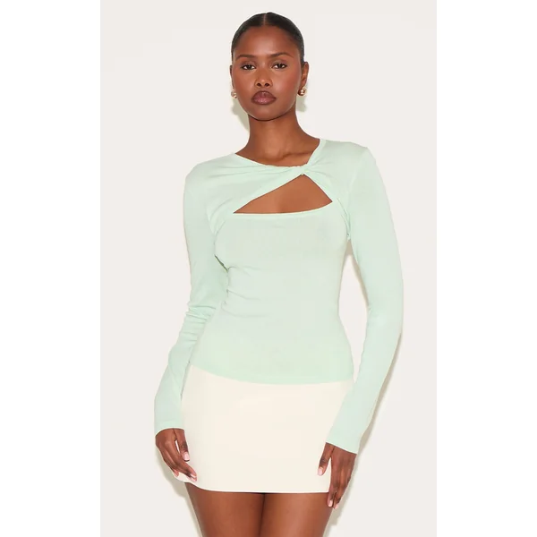 Mint Green Fine Knit Twist Neck Long Sleeve Top