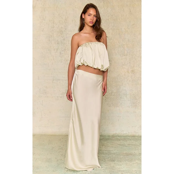 Mint Green Satin Mid Rise Maxi Skirt