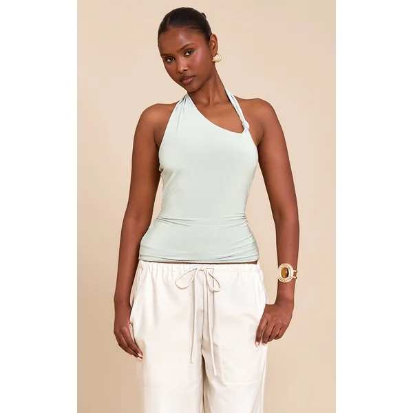 Mint Slinky Halterneck Knot Detail Top