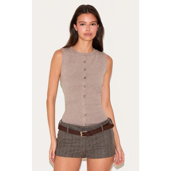 Mocha Button Through Sleeveless Top