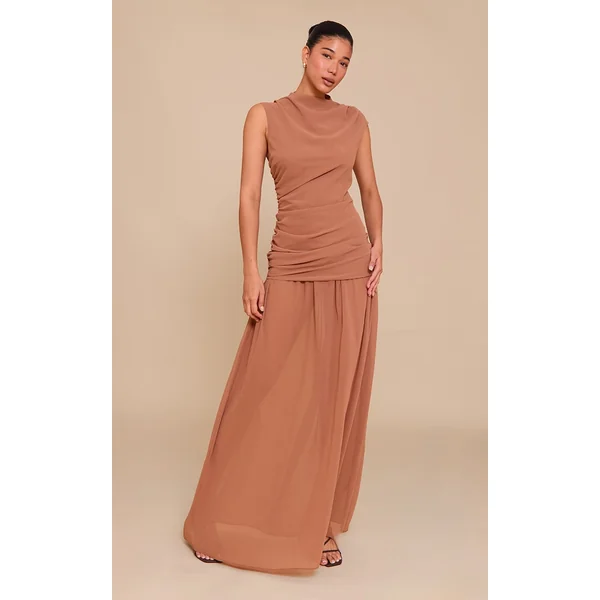 Mocha Chiffon Ruched Dropped Waist Sleeveless Maxi Dress