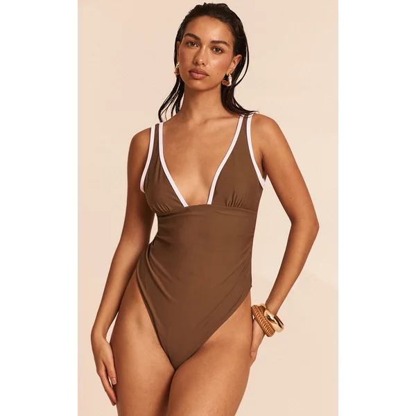 Mocha Contrast Binding Plunge Ruched Swimsuit