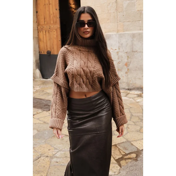 Mocha Contrast Textured Knit Roll Neck Cropped Sweater