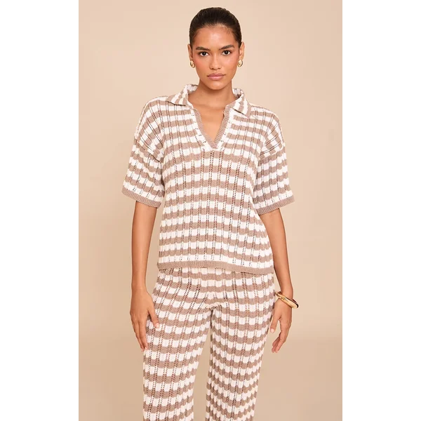 Mocha Crochet Stripe Rugby Knit Top