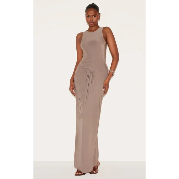 Mocha Double Layer Slinky Drop Waist Ruched Maxi Dress