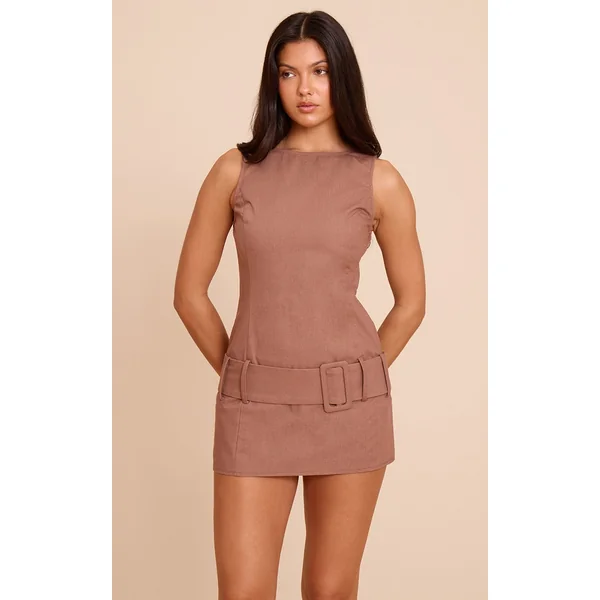 Mocha Drop Waist Belt Detail A Line Skort Romper