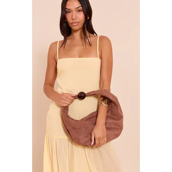 Mocha Faux Suede Bead Handle Shoulder Bag