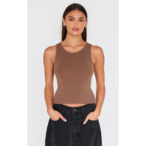 Mocha Fine Knit Racer Neck Top