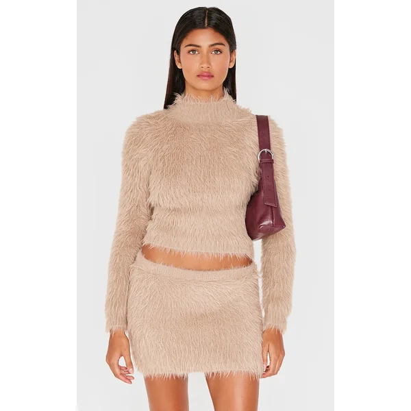 Mocha Fluffy Knit High Neck Top