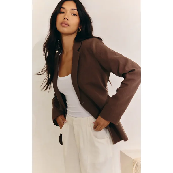 Mocha Linen Look Tie Waist Blazer