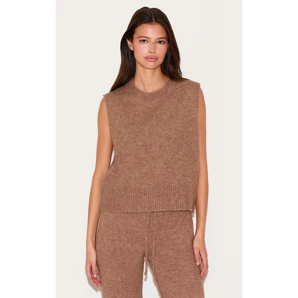 Mocha Marl Soft Knit High Neck Sleeveless Top
