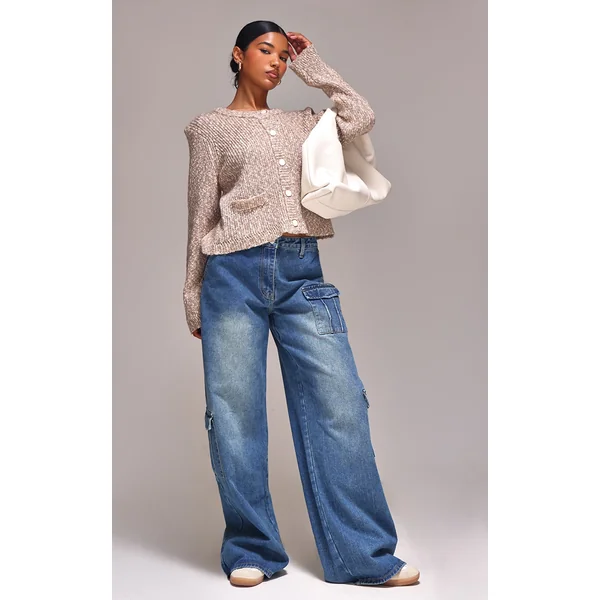 Mocha Marl Textured Bobble Knit Button Up Pocket Detail Cardigan