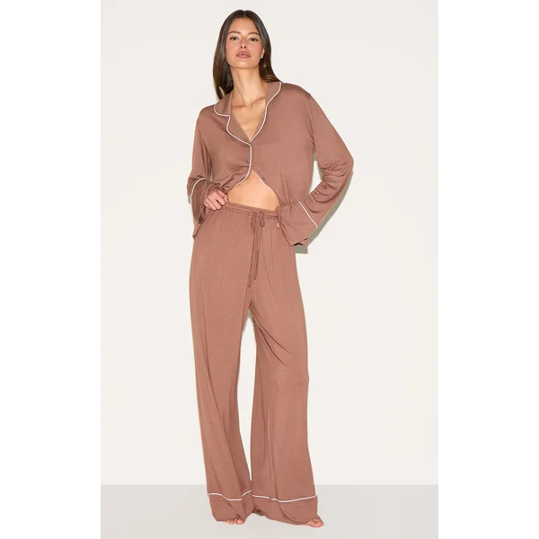 Mocha Modal Piping Long Pj Set