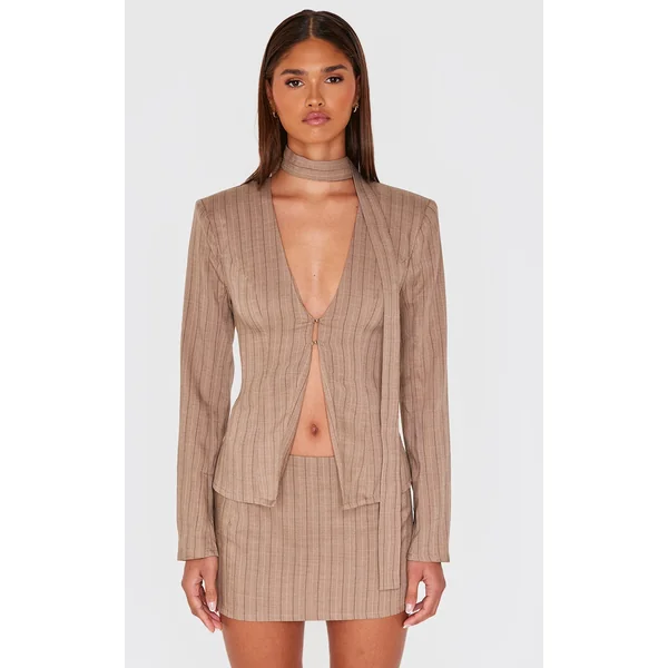 Mocha Pinstripe Neck Tie Fitted Blazer