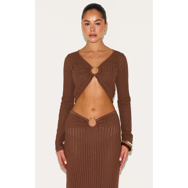Mocha Pointelle Knit Trim Detail Long Sleeve Top