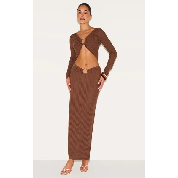 Mocha Pointelle Knit Trim Split Maxi Skirt