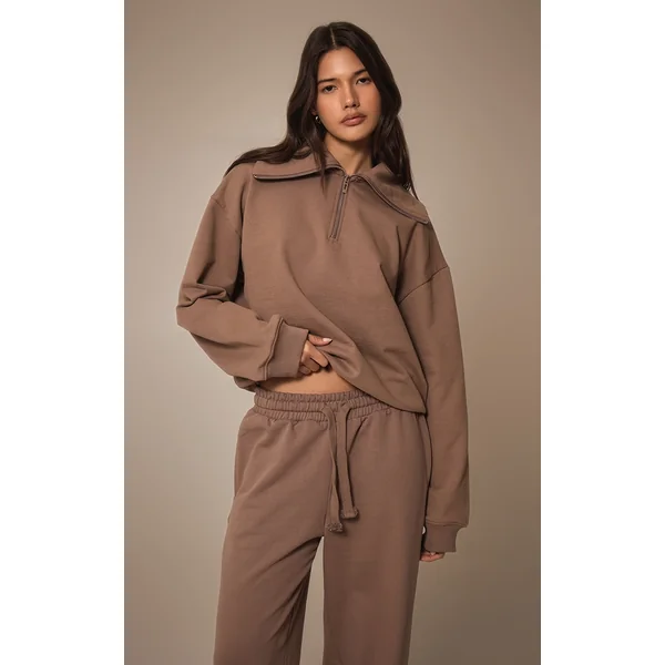 Mocha Premium Loopback Quarter Zip Foldover Sweatshirt