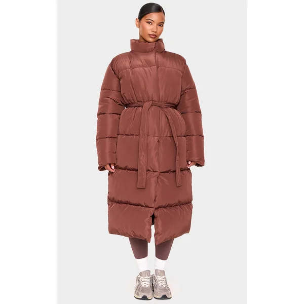 Mocha Quilted Longline Tie Waist Puffer Coat