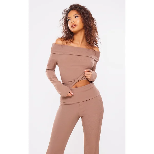Mocha Rib Foldover Bardot Flute Sleeve Longline Top