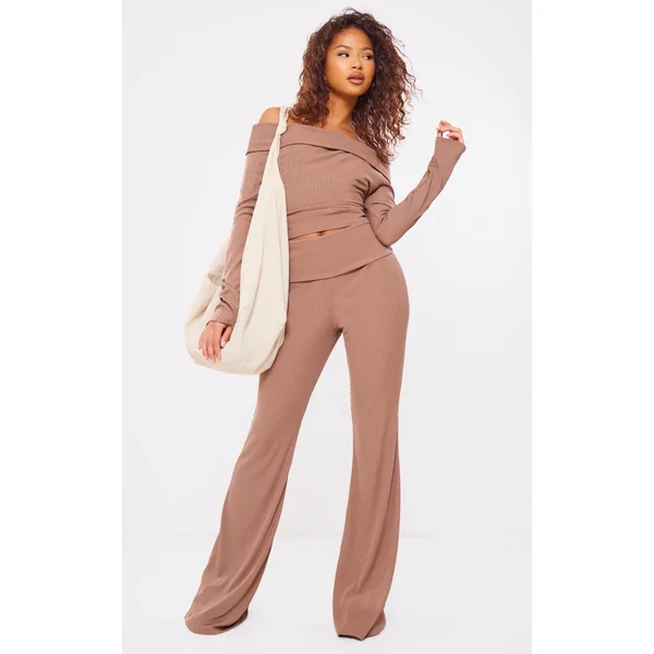 Mocha Rib Foldover Low Rise Flared Pants
