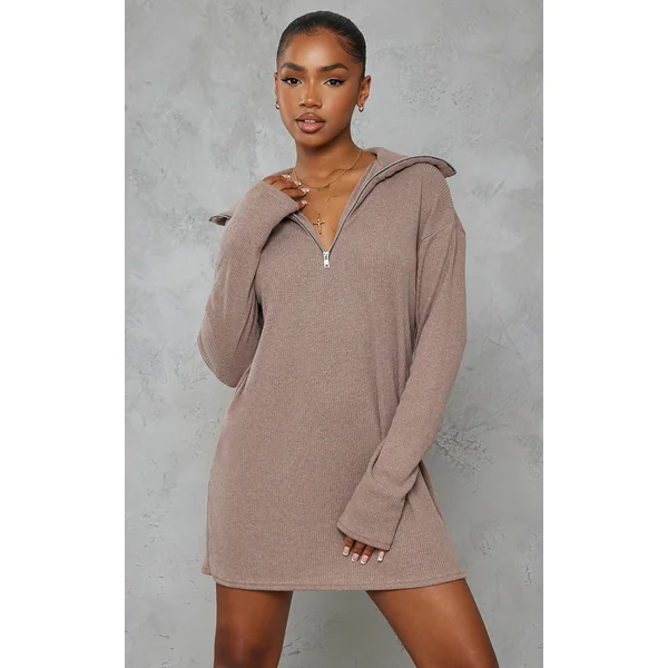 Mocha Rib High Neck Half Zip Oversized Sweater Dress
