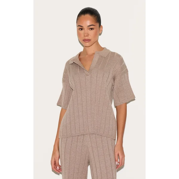 Mocha Rib Knit Oversized Polo Top