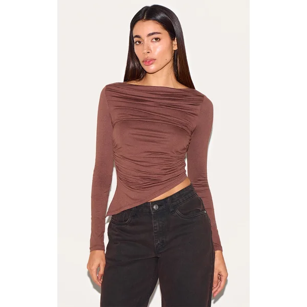 Mocha Ruched Detail Asymmetric Hem Long Sleeve Top