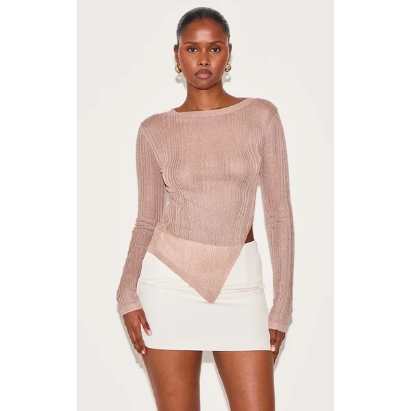 Mocha Sheer Knit Asymmetric Top