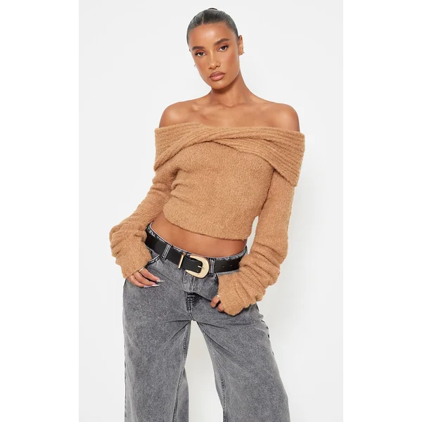 Mocha Soft Bobble Knit Bardot Foldover Top