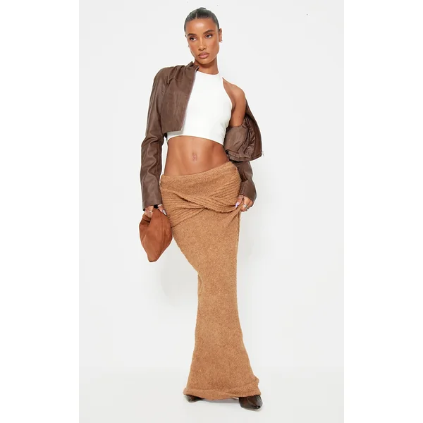 Mocha Soft Bobble Knit Foldover Maxi Skirt